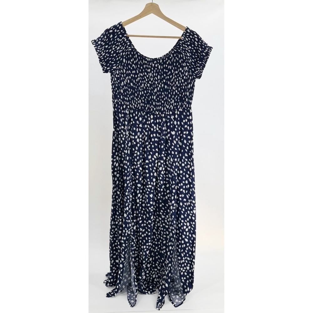 Avenue Raelynn Print Splash Spot Navy Blue Maxi Dress Low Slit Plus Size 16W